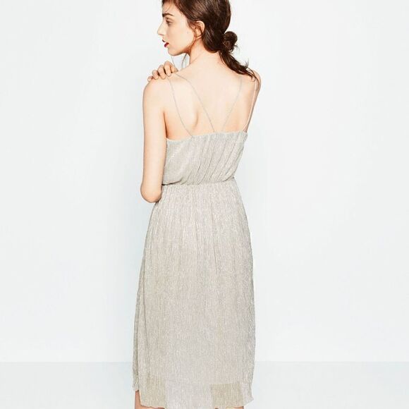 Like New Zara Iridescent Champagne Shimmer Delicate Strappy Midi Dress - Picture 5 of 12